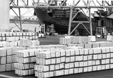 Photograph - Photograph - Cement products on docks waiting to be loaded onto a ship, n.d