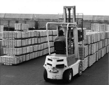 Photograph - Photograph - Man in a forklift lifting a pallet of cement products, n.d