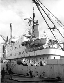 Photograph - Photograph - Cylindrical containers loaded onto ship with crane, Cylindrical containers loaded onto ship with crane, n.d