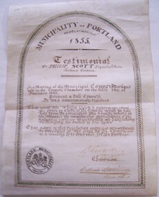 Document - Testimonial, Municipality of Portland testimonial to Philip Scott, 1863