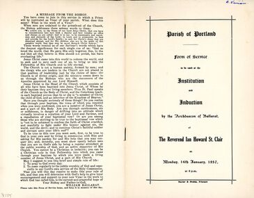 Document - Form of Service - Induction of the Rev. Ian Howard St. Clair into the Parish of Portland, at St. Stephen's Church of England 1957, Jan-57