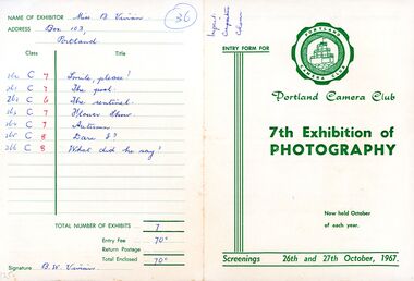 Document - Camera Club Entry Form - 7th exhibition of photograph 1967, n.d