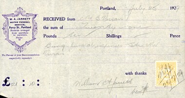 Financial record - Funeral Receipt for William Vivian, 1929