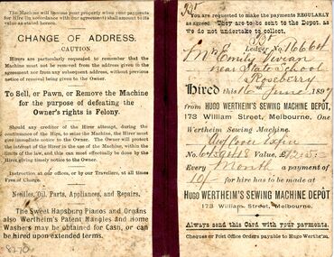 Document - Hire Purchase Agreement - Sewing Machine, 16/06/1897