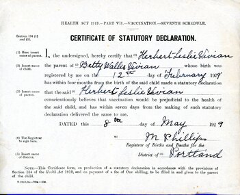 Certificate - Certificate - Statutory Declaration, 08/05/1929