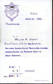 Financial record - Accounts - Funeral expenses, Mrs E Vivian, 21/03/1928