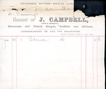 Financial record - Account - J. Campbell Family Draper to Mrs Cummings, n.d