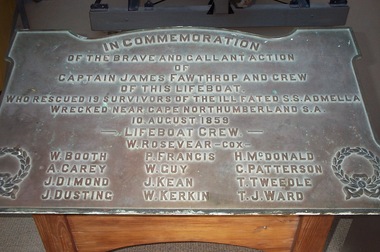 Plaque - Commemorative Plaque - dedicated to Captain James Fawthrop and the Portland Lifeboat Crew for the rescue of Admella survivors, 1859, 1859