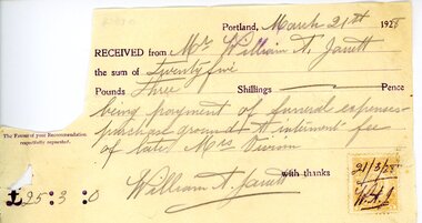 Financial record - Receipt - W. A. Jarrett for funeral expenses of Mrs E Vivian, 1928