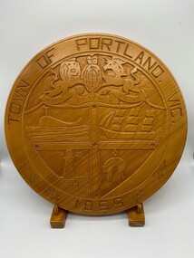 Plaque - Timber plaque on stand, John Hatton, April 1979