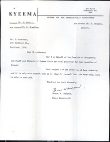 Letter - Letter from Kyeema to K. S. Anderson, Bruce W. Hudgson, 1973