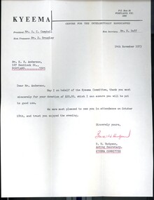 Letter - Letter from Kyeema to K. S. Anderson, Bruce W. Hudgson, 1973