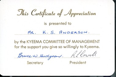 Ephemera - Certificate of Appreciation - K. S. Anderson from Kyeema, 1970s