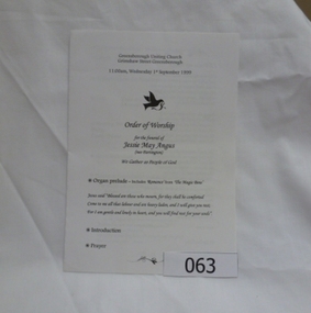 Pamphlet, Order of Worship for the funeral of Jessie May Angus (nee Partington), 01/09/1999