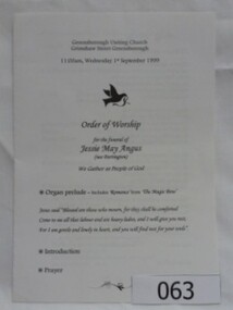 Pamphlet, Order of Worship for the funeral of Jessie May Angus (nee Partington), 01/09/1999