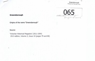 Article, Origins of the name "Greensborough", 1913_