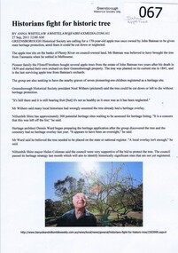 Newspaper clipping, Historians fight for historic tree by Anna Whitelaw, 27/09/2011