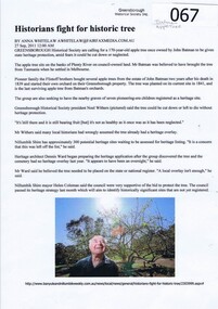 Newspaper - Newspaper clipping, Historians fight for historic tree by Anna Whitelaw, 27/09/2011