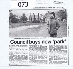 Article - Newspaper Clipping, Diamond Valley Leader, Council buys new 'park', 09/06/1987