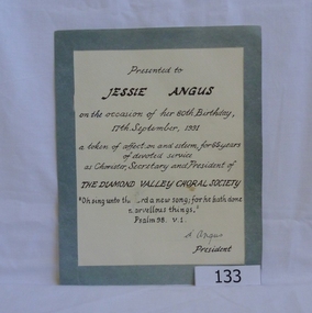 Certificate, Jessie Angus from Diamond Valley Choral Society, 17/09/1991