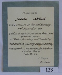 Certificate, Jessie Angus from Diamond Valley Choral Society, 17/09/1991
