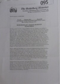 Newsletter, Heidelberg Historian: Newsletter of the Heidelberg Historical Society Inc. No. 262 February 2011, 2005o