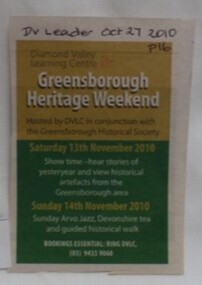 Newspaper - Newspaper clipping, Greensborough Heritage Weekend, 27/10/2010