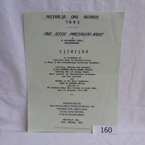 Document, Peter Staples, Citation: Australia Day Awards 1993: Jessie Partington Angus, 26/01/1993