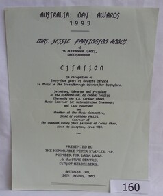 Document, Peter Staples, Citation: Australia Day Awards 1993: Jessie Partington Angus, 26/01/1993