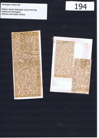 Newspaper clipping, Death notices: Mr William Partington and Mrs Annie May Partington, 14/06/1941c