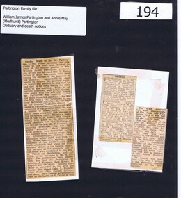 Newspaper - Newspaper clipping, Death notices: Mr William Partington and Mrs Annie May Partington, 14/06/1941c