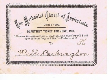 Ticket, Methodist Church Quarterly Ticket 1911, 30/06/1911