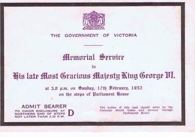 Ticket, Ticket for choir members to Memorial Service for the late King George VI, 1952, 17/02/1952