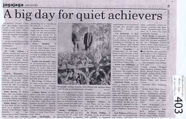 Newspaper clipping, Diamond Valley Leader, A big day for quiet achievers, 30/01/2002