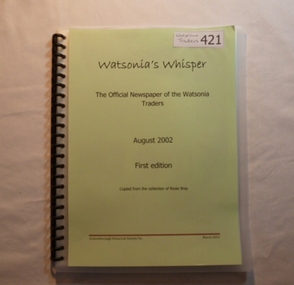 Magazine, Rosalie Bray, Watsonia's Whisper: the official newspaper of the Watsonia Traders. August 2002. [First edition], 2002_08