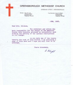 Letter, Greensborough Methodist Church to Mrs Jessie Scholes.1968, 1968_06