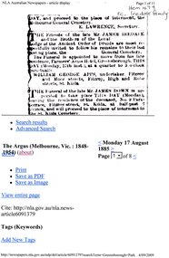 Article - Newspaper Clipping, James Iredale - funeral notice 1885, 1885