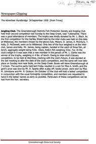 Article - Newspaper Clipping, Advertiser (Hurstbridge), Greensborough Districts Fish Protection Society and Angling Club 1930, 1930