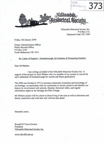 Letter, Letter of Support Greensborough, Its Cemetery & Pioneering Families, 04/01/2008