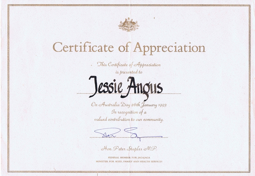 Certificate, Certificate of Appreciation awarded to Jessie Angus on ...
