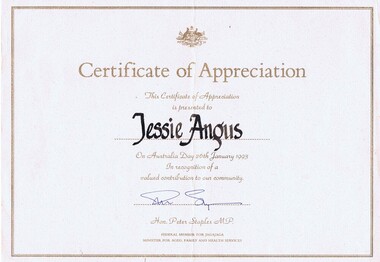 Certificate, Certificate of Appreciation awarded to Jessie Angus on Australia Day 1993 in recognition of her contribution to the community, 26/01/1993