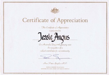 Certificate, Certificate of Appreciation awarded to Jessie Angus on Australia Day 1993 in recognition of her contribution to the community, 26/01/1993