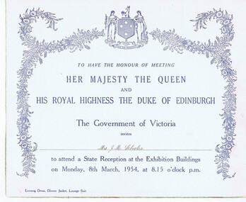 Invitation, Invitation to Mrs J. M. Scholes to meet Her Majesty the Queen and His Royal Highness the Duke of Edinburgh, 8th March 1954, 08/03/1954