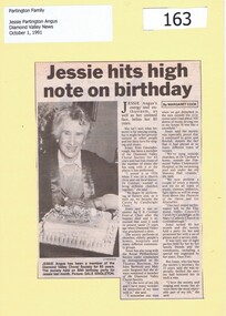 Newspaper Clipping, Jessie hits high note on birthday, 01/10/1991