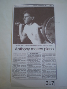 Newspaper clipping, Diamond Valley Leader, Anthony makes plans, 24/11/1987