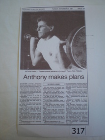 Newspaper clipping, Diamond Valley Leader, Anthony makes plans, 24/11/1987