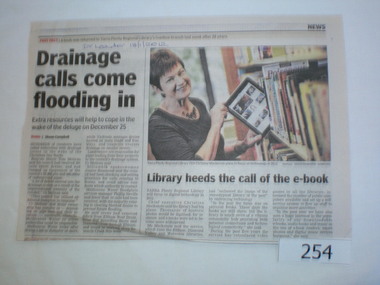 Newspaper clipping, Diamond Valley Leader, Drainage calls come flooding in, and, Library heeds call of the e-book, 20/01/2012