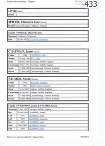 Genealogical chart, Chapman family [James Chapman/Susan Palmer], 1744o