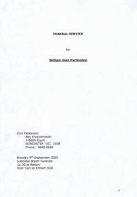 Booklet, Funeral service for William Alan Partington, 09/09/2002