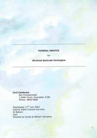 Booklet, Funeral service for Winifred Gertrude Partington, 17/07/2002